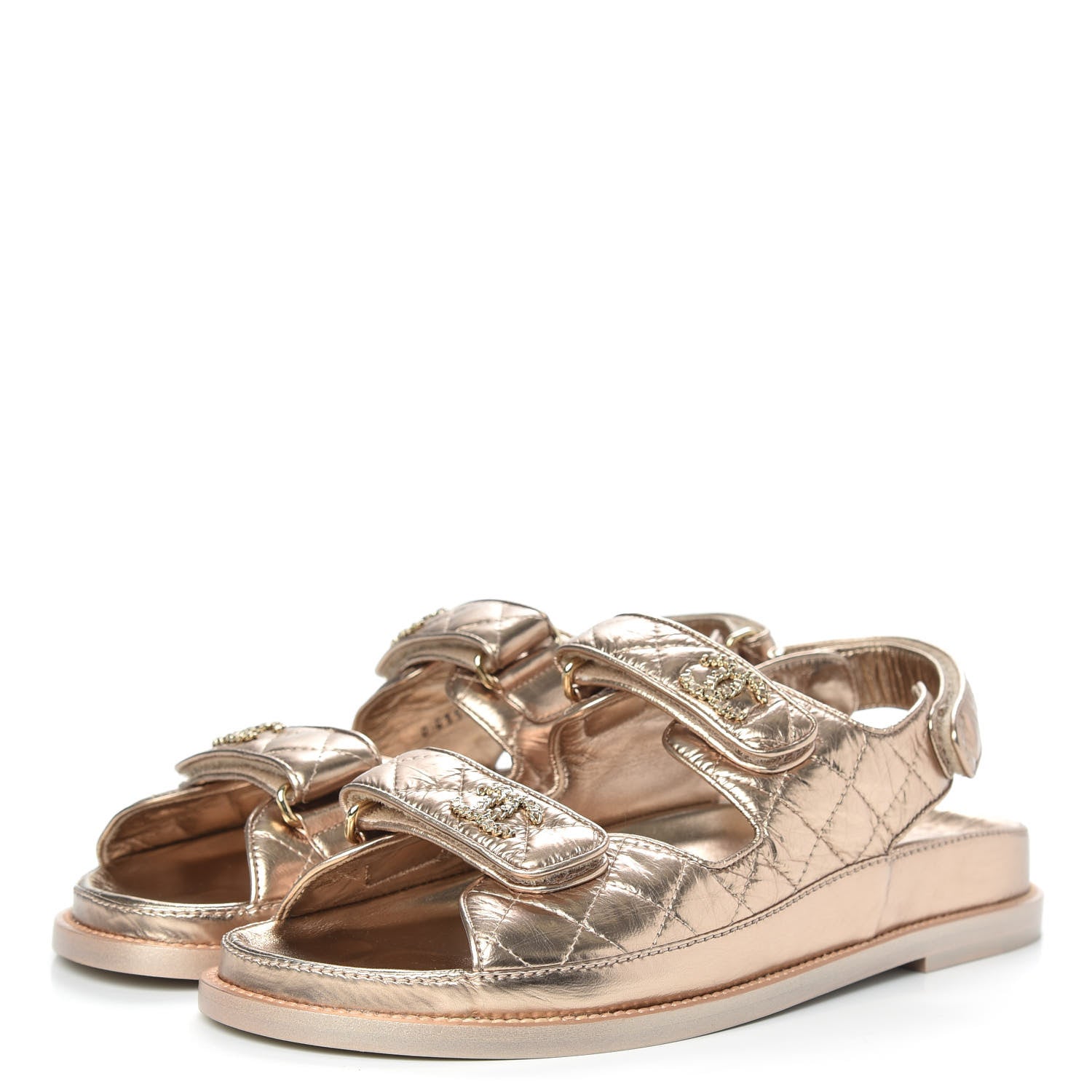 Chanel Iridescent Lambskin Quilted Velcro Dad Sandals 39 Light Bronze 3 of 8