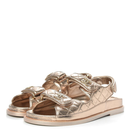 Chanel Iridescent Lambskin Quilted Velcro Dad Sandals 39 Light Bronze 3 of 8