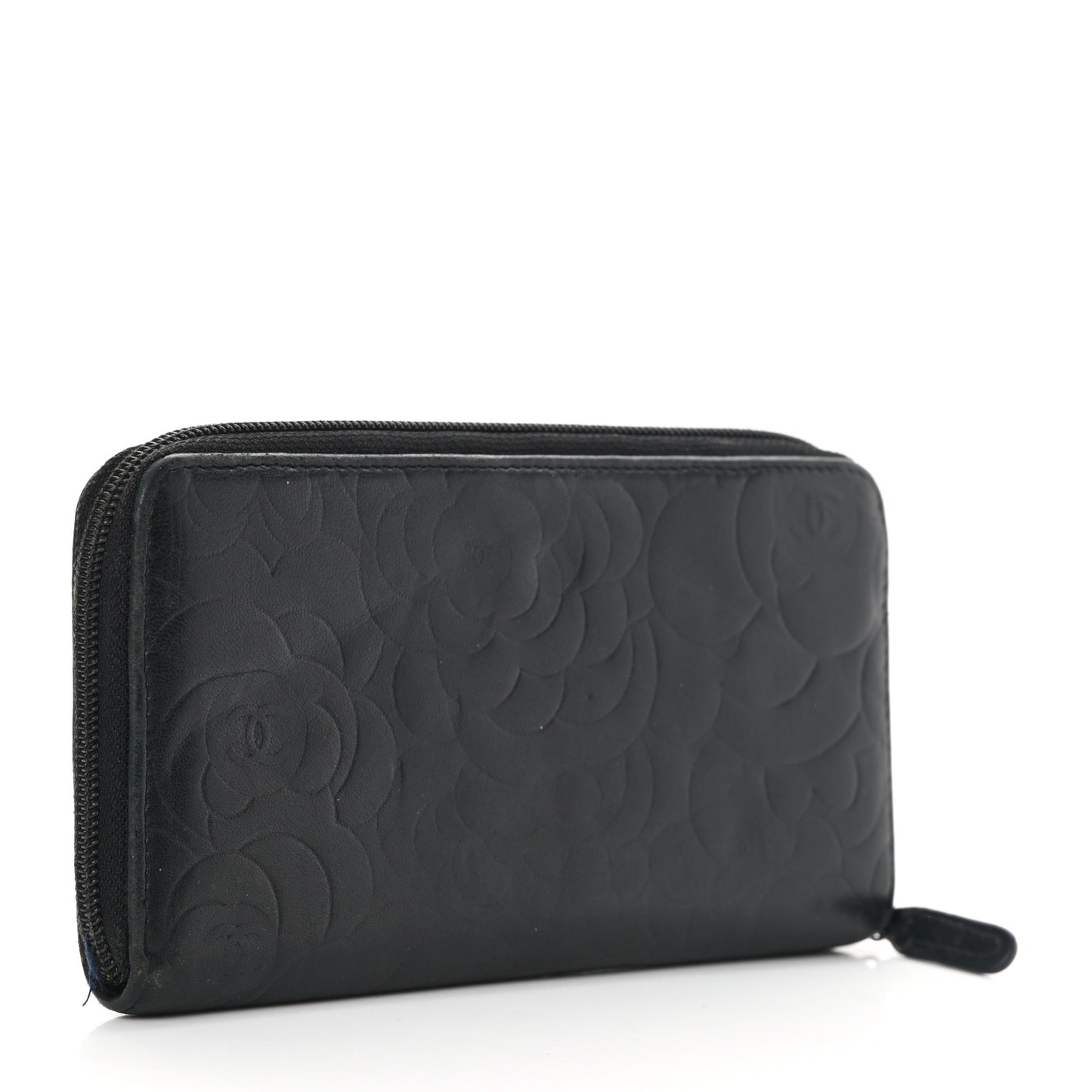 Lambskin Camellia Embossed Large Zip Around Gusset Wallet Black