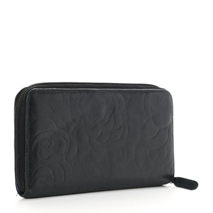 Chanel Lambskin Camellia Embossed Large Zip Around Gusset Wallet Black 3 of 18
