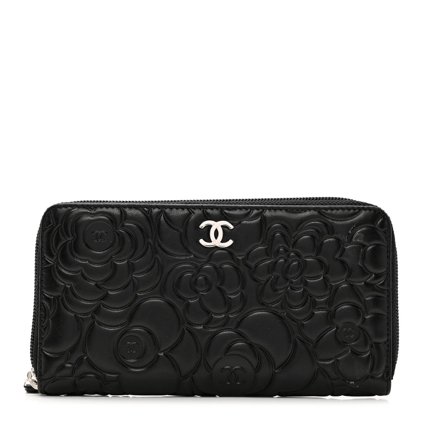 Lambskin Camellia Embossed Zip Around Gusset Wallet Black