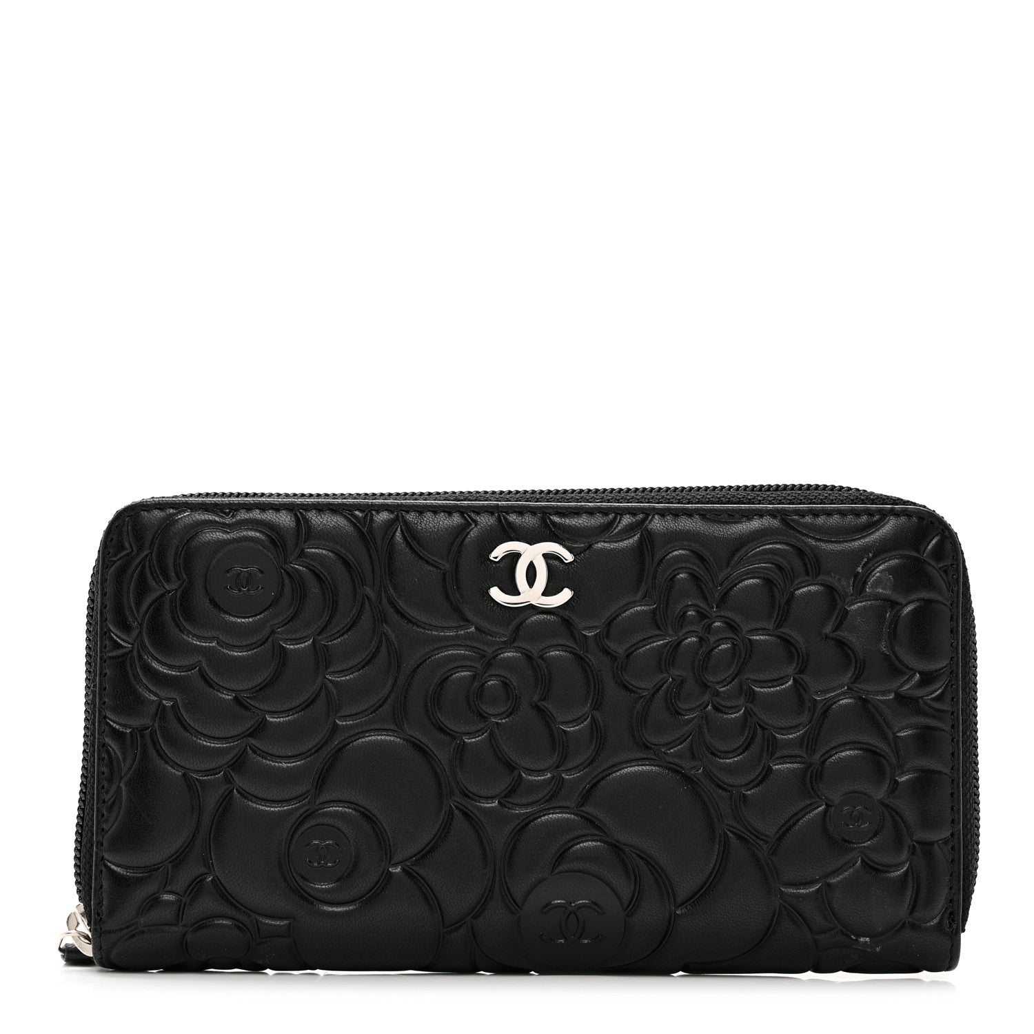 Chanel Lambskin Camellia Embossed Zip Around Gusset Wallet Black 1 of 9
