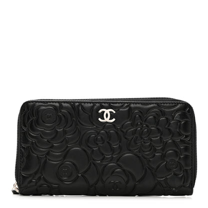Chanel Lambskin Camellia Embossed Zip Around Gusset Wallet Black 1 of 9