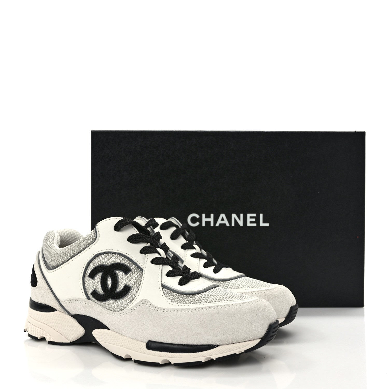 Chanel Calfskin Fabric Womens CC Sneakers 36 Black White Silver 9 of 9