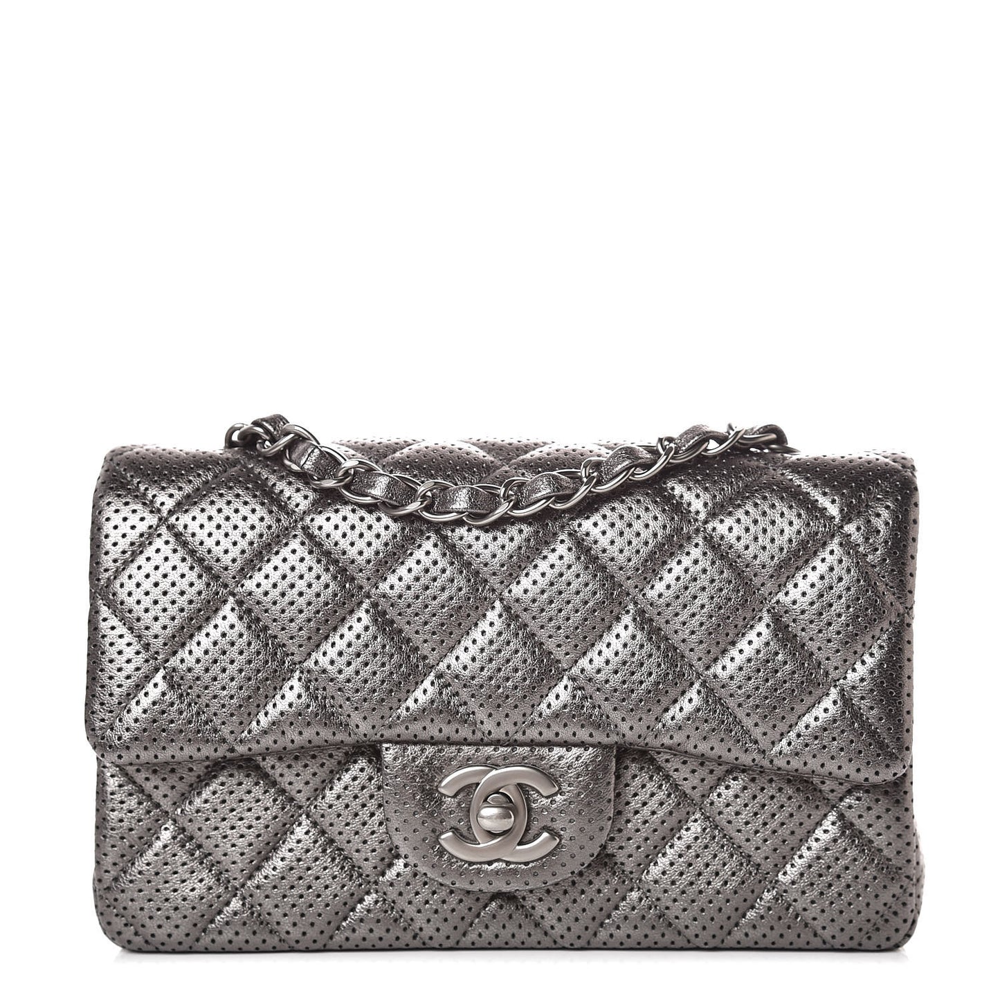 Metallic Lambskin Perforated Mini Rectangular Flap Grey