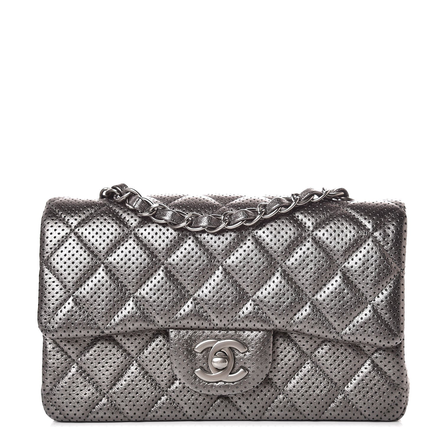 Chanel Metallic Lambskin Perforated Mini Rectangular Flap Grey 1 of 10