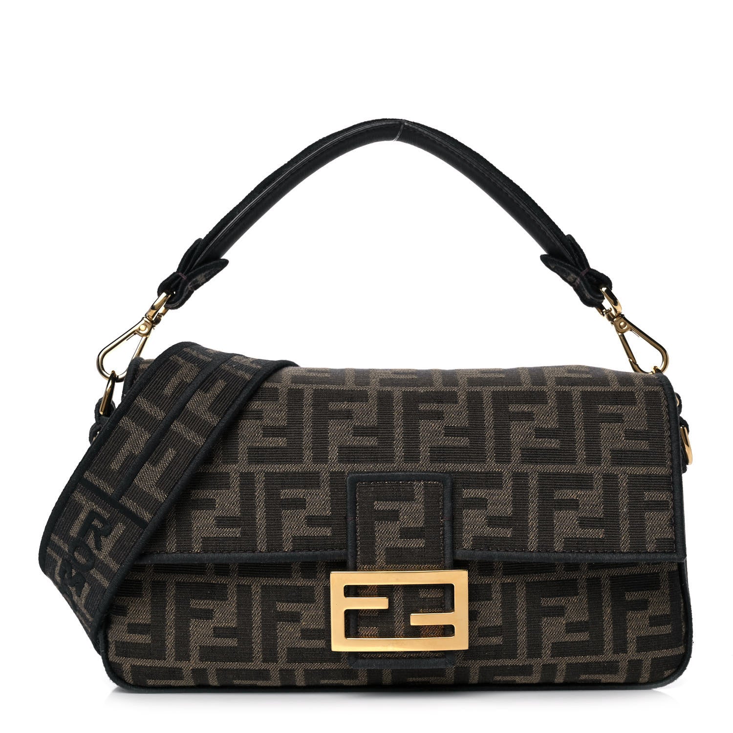 Fendi Fabric Jacquard FF 1974 Medium Baguette Tobacco Moro Black 1 of 13
