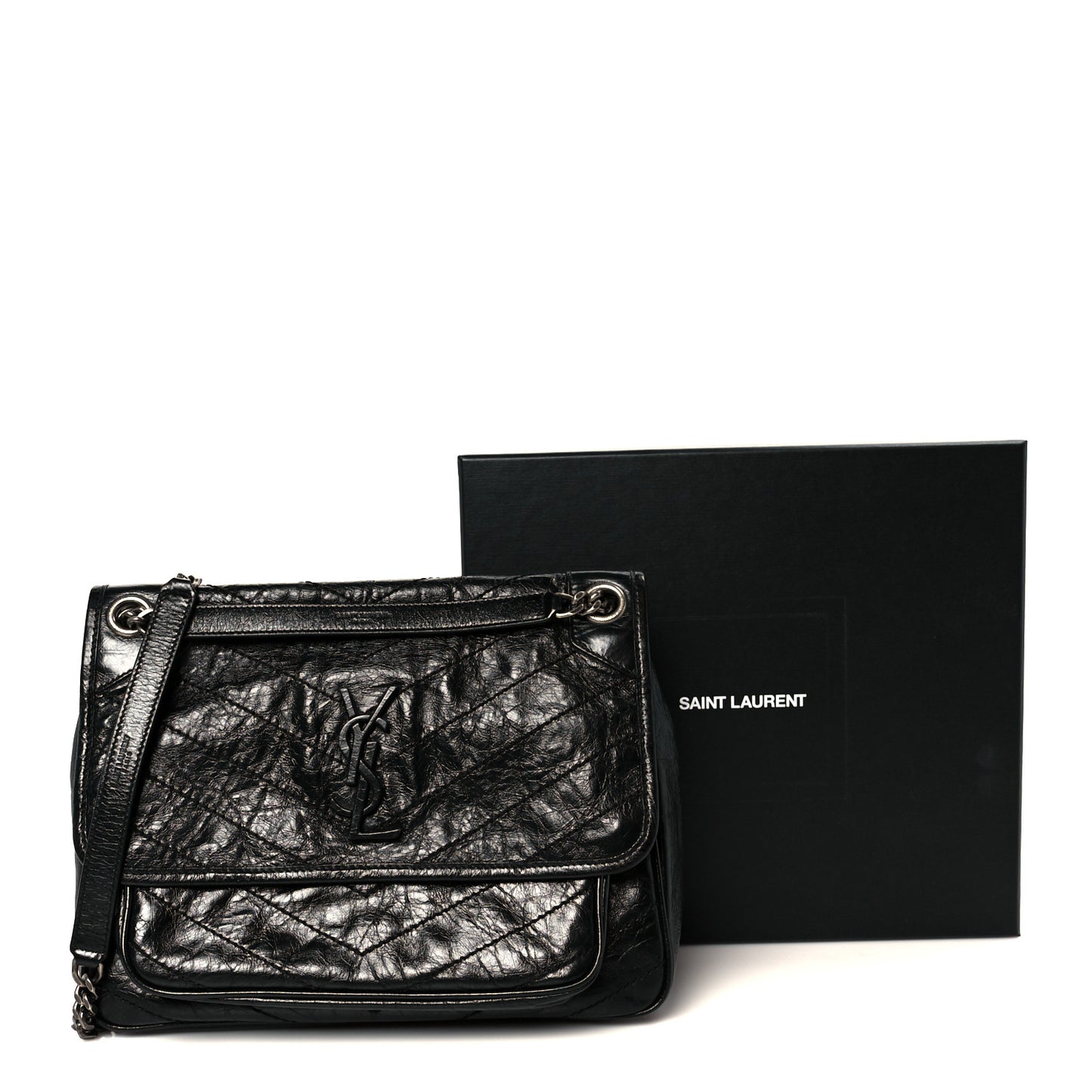 Crinkled Calfskin Matelasse Monogram Medium Niki Chain Satchel Black