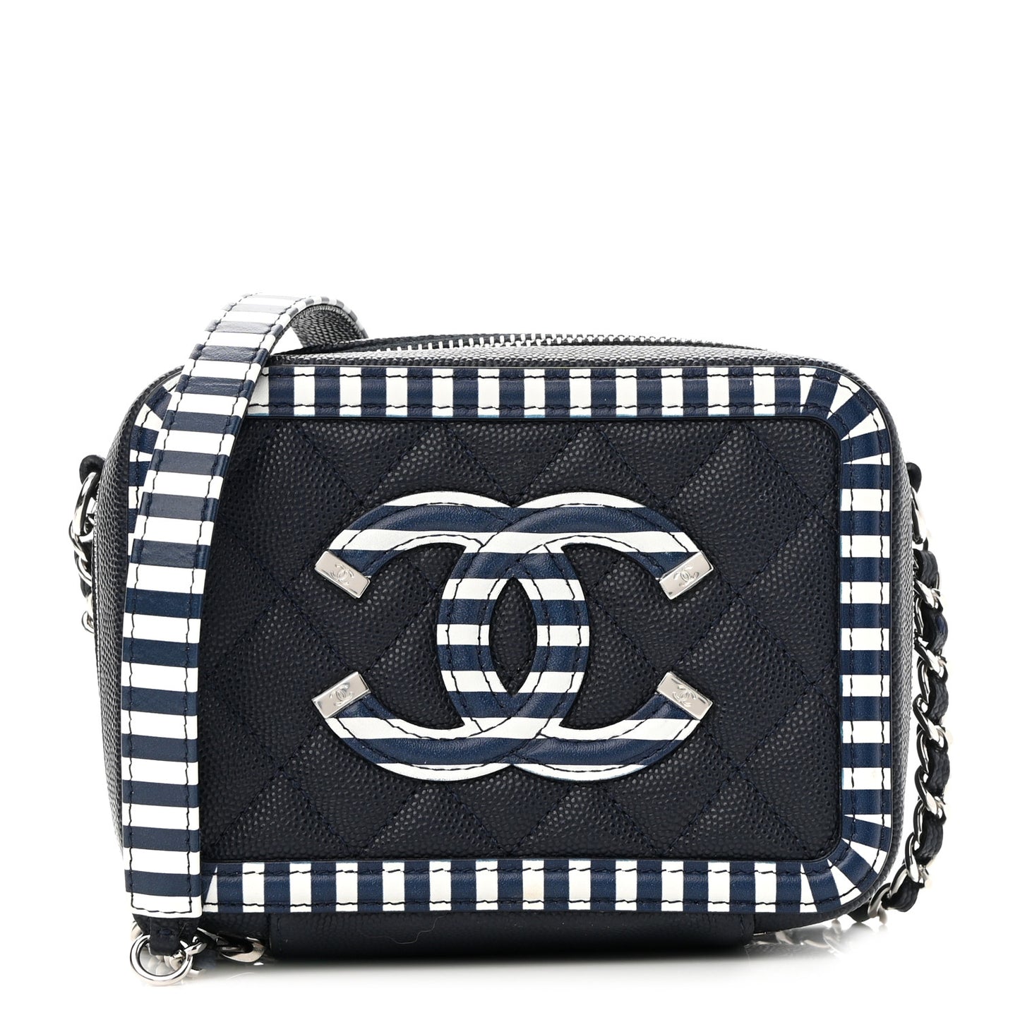 Caviar Quilted Striped Filigree Vanity Clutch With Chain Navy White