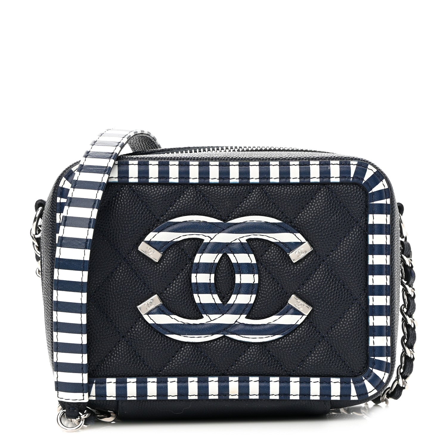 Chanel Caviar Quilted Striped Filigree Vanity Clutch With Chain Navy White 1 of 10