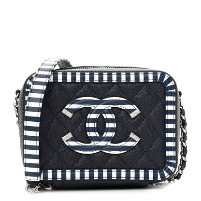 Chanel Caviar Quilted Striped Filigree Vanity Clutch With Chain Navy White 1 of 10