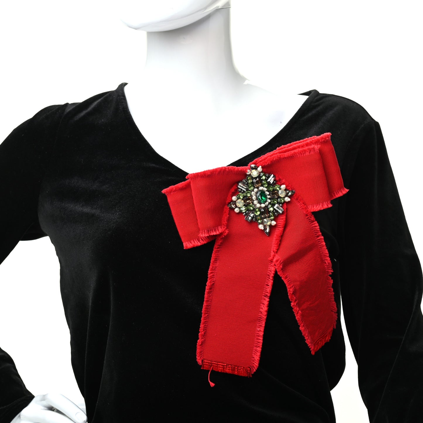 Grosgrain Crystal Bow Brooch Red