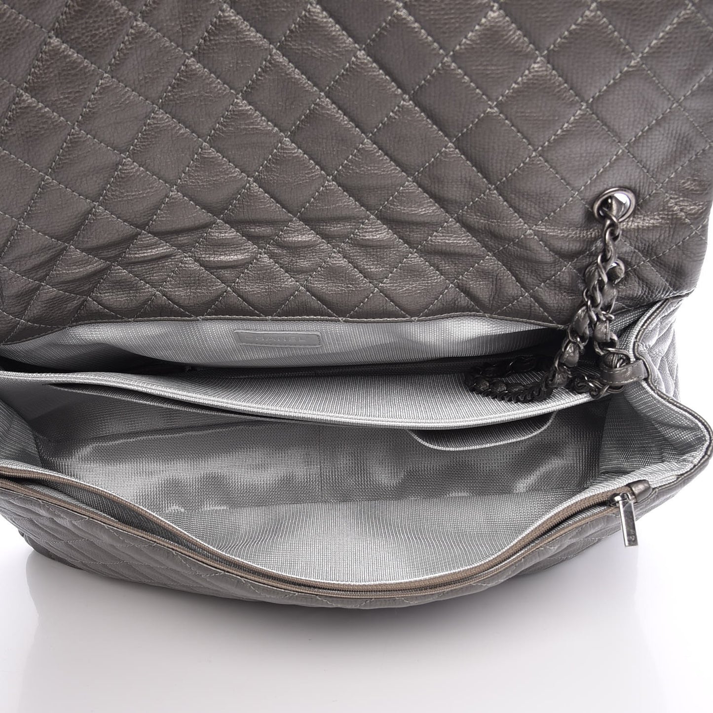 Metallic Calfskin Quilted XXL Travel Flap Bag Dark Silver