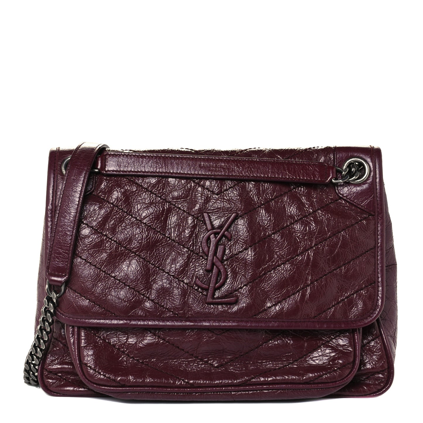 Crinkled Calfskin Matelasse Monogram Medium Niki Chain Satchel Burgundy