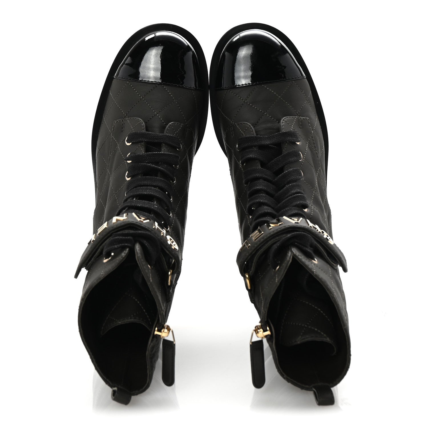 Chanel Lambskin Patent Calfskin Quilted Logo Lace Up Combat Boots 39 Dark Brown Black 2 of 10