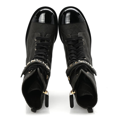Chanel Lambskin Patent Calfskin Quilted Logo Lace Up Combat Boots 39 Dark Brown Black 2 of 10