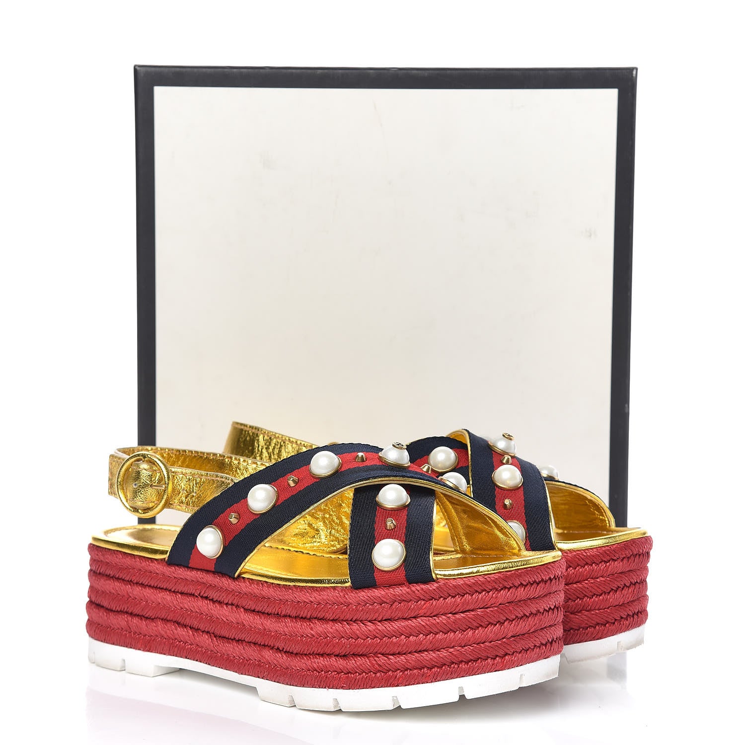 Gucci Metallic Nappa Silk Web Pearl Crossover Espadrille Platform Lug Sole Sandals 37 Gold 10 of 10
