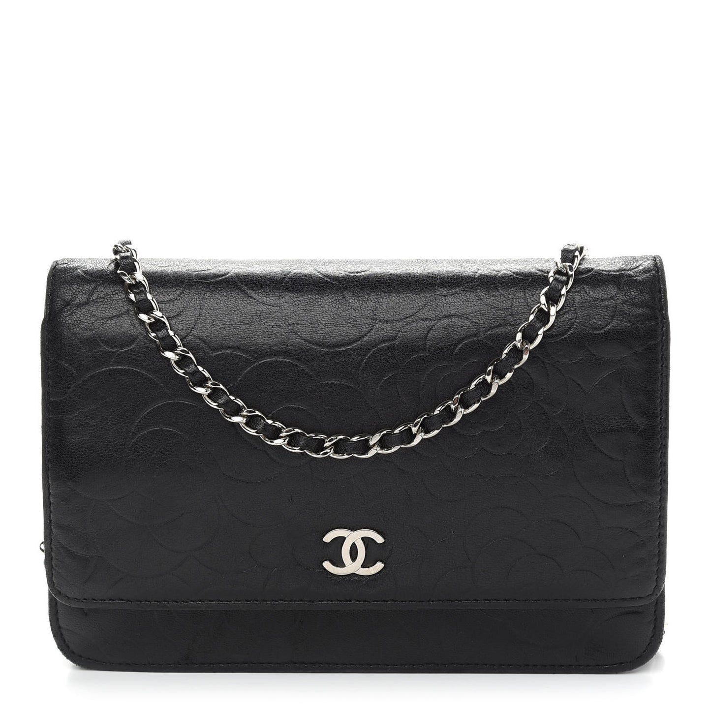Lambskin Camellia Embossed Wallet on Chain WOC Black