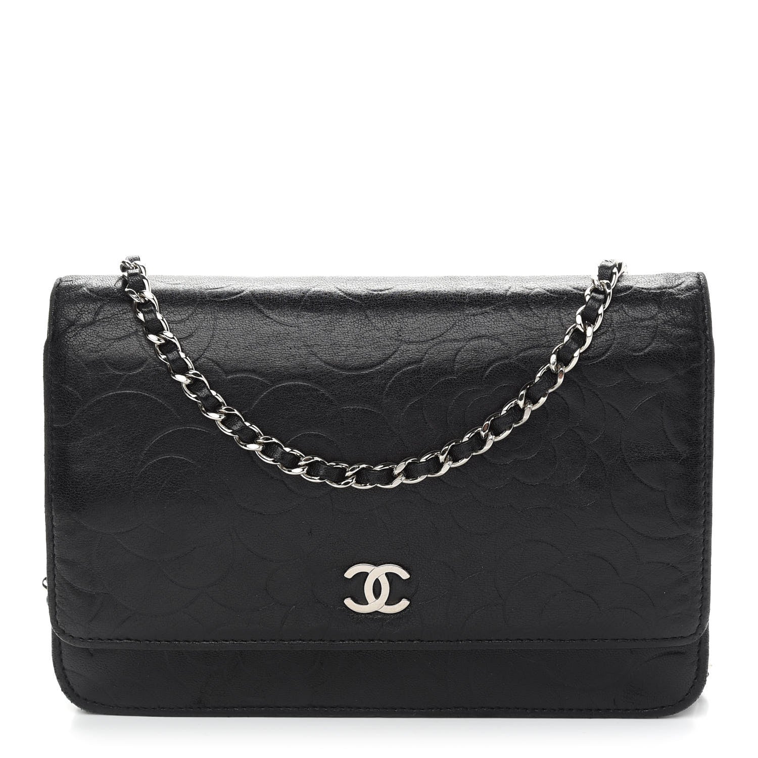 Chanel Lambskin Camellia Embossed Wallet on Chain WOC Black 1 of 11