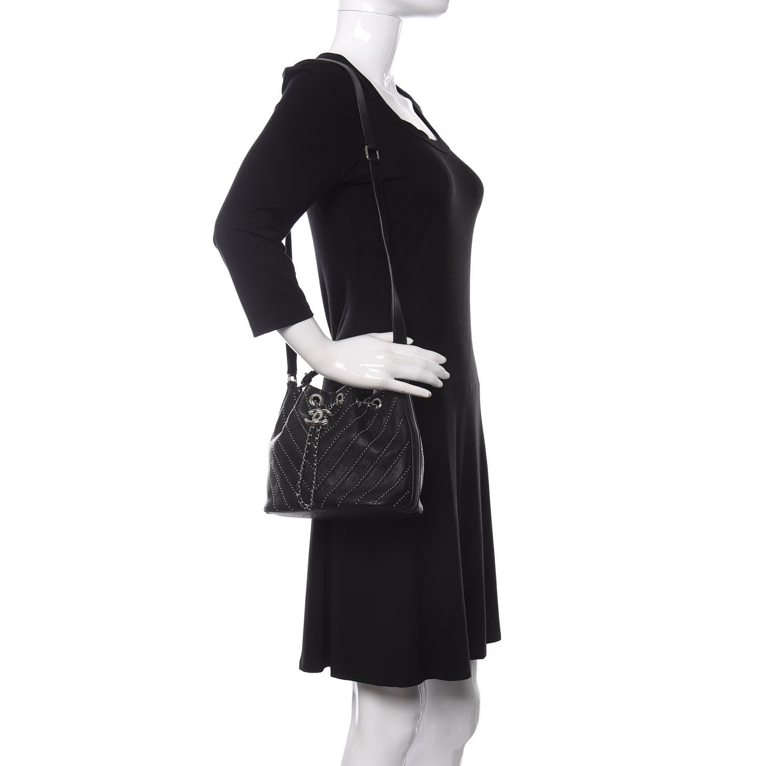 Chanel Calfskin Studded Chevron Quilted Stud Wars Drawstring Bag Black 2 of 10