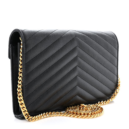 Saint Laurent Grain De Poudre Matelasse Chevron Monogram Chain Wallet Black 3 of 10