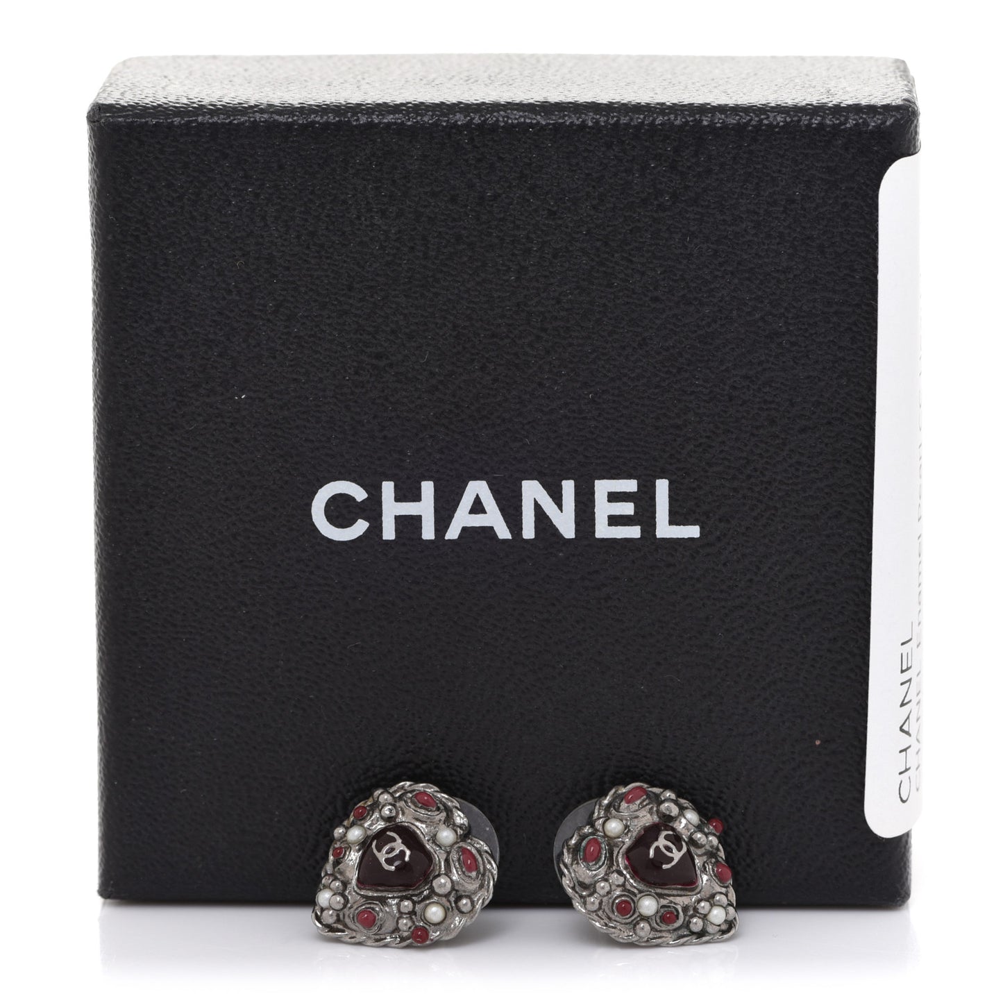 Pearl Enamel Heart CC Earrings Black Silver