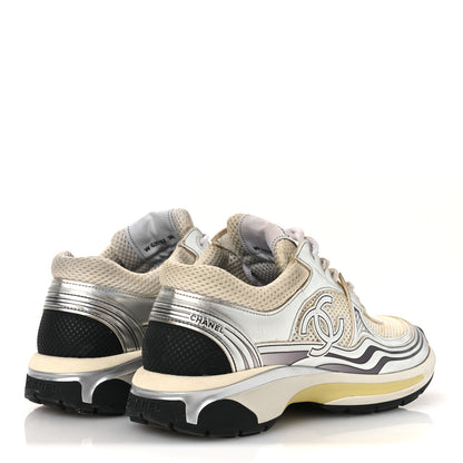 Chanel Fabric Laminated Calfskin Stretch CC Womens Sneakers 38.5 White Gold Silver 5 of 15