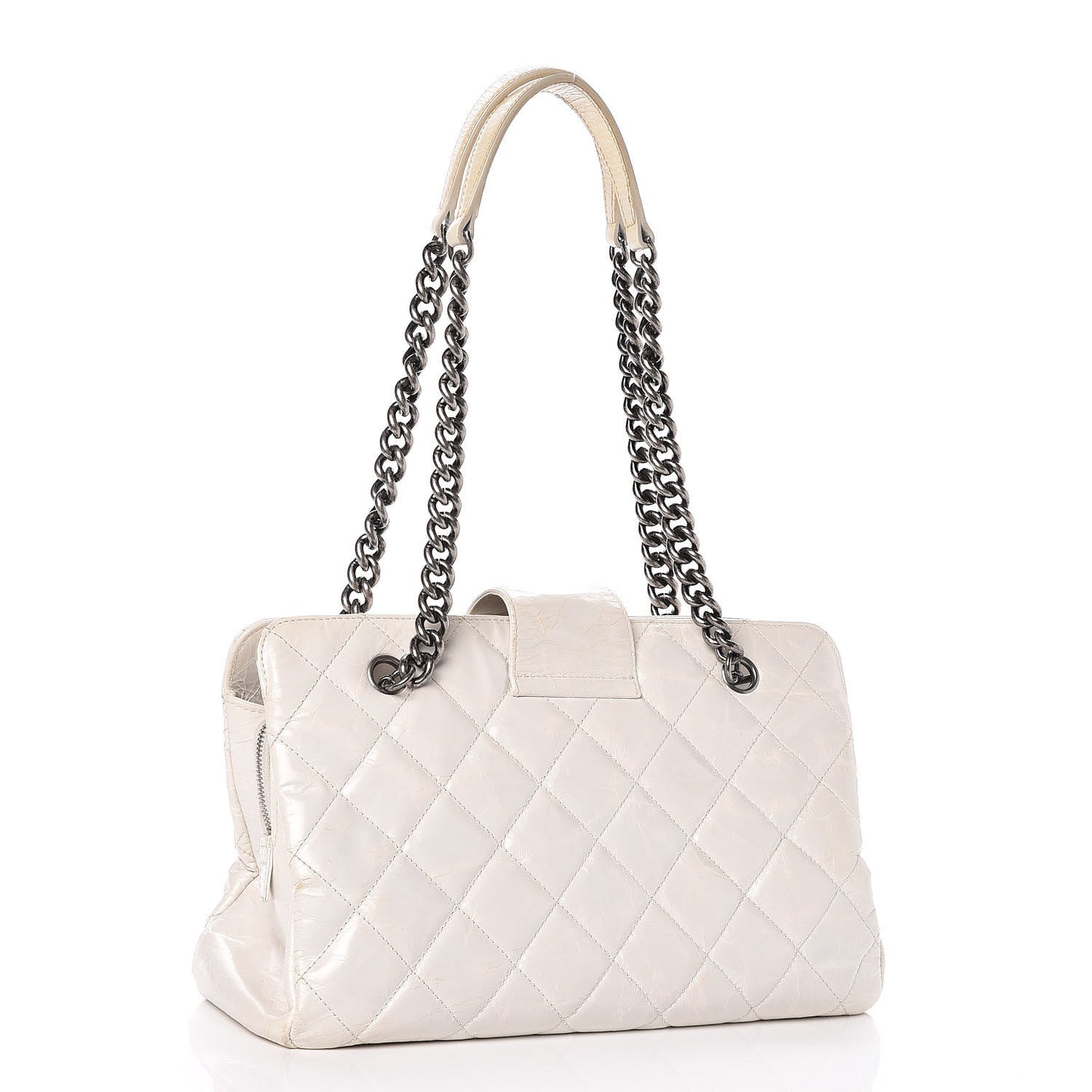 Glazed Crackled Calfskin Small Reissue Tote White