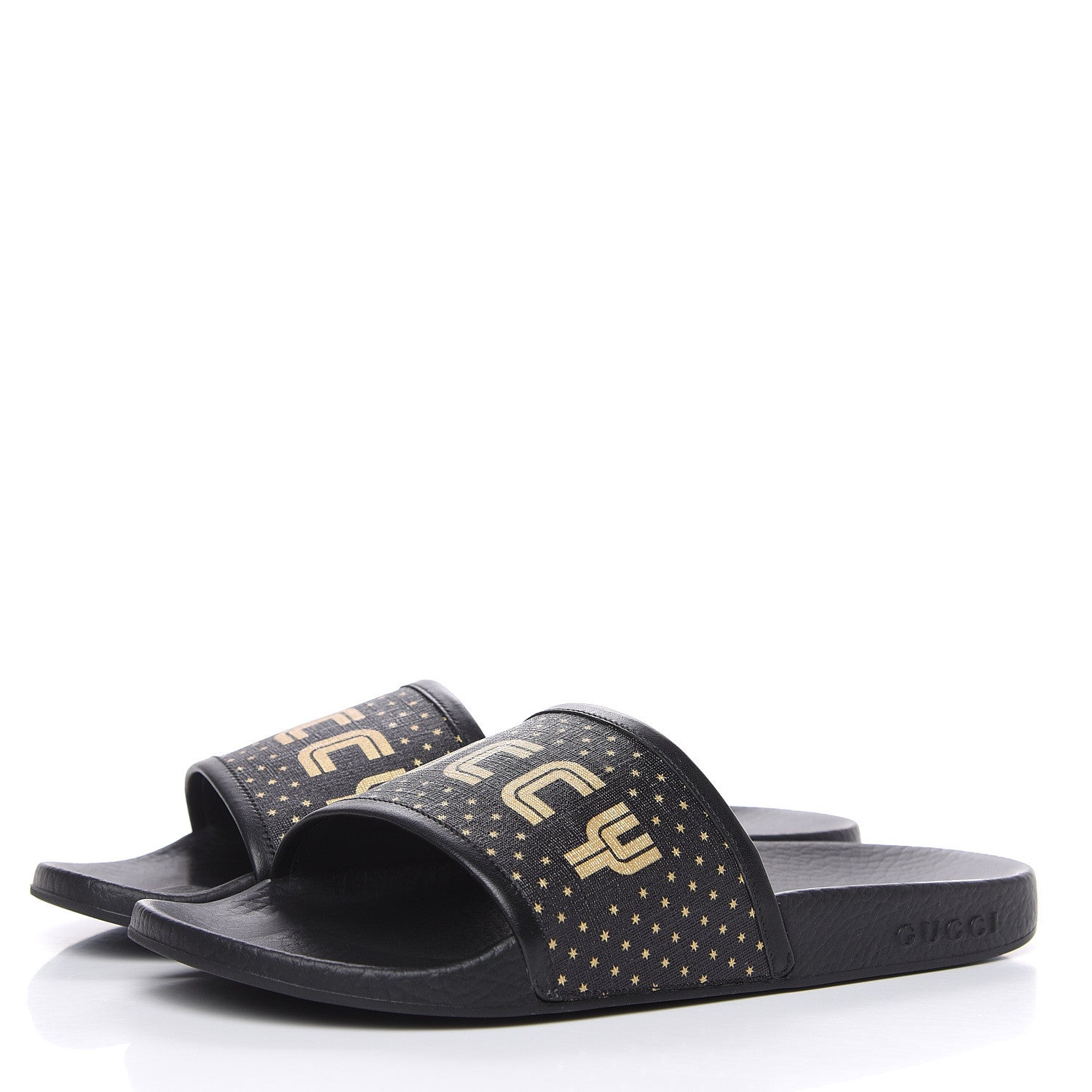 Gucci X SEGA Supreme Canvas GUCCY Stars Womens Slide Sandals 40 Black Gold 3 of 7