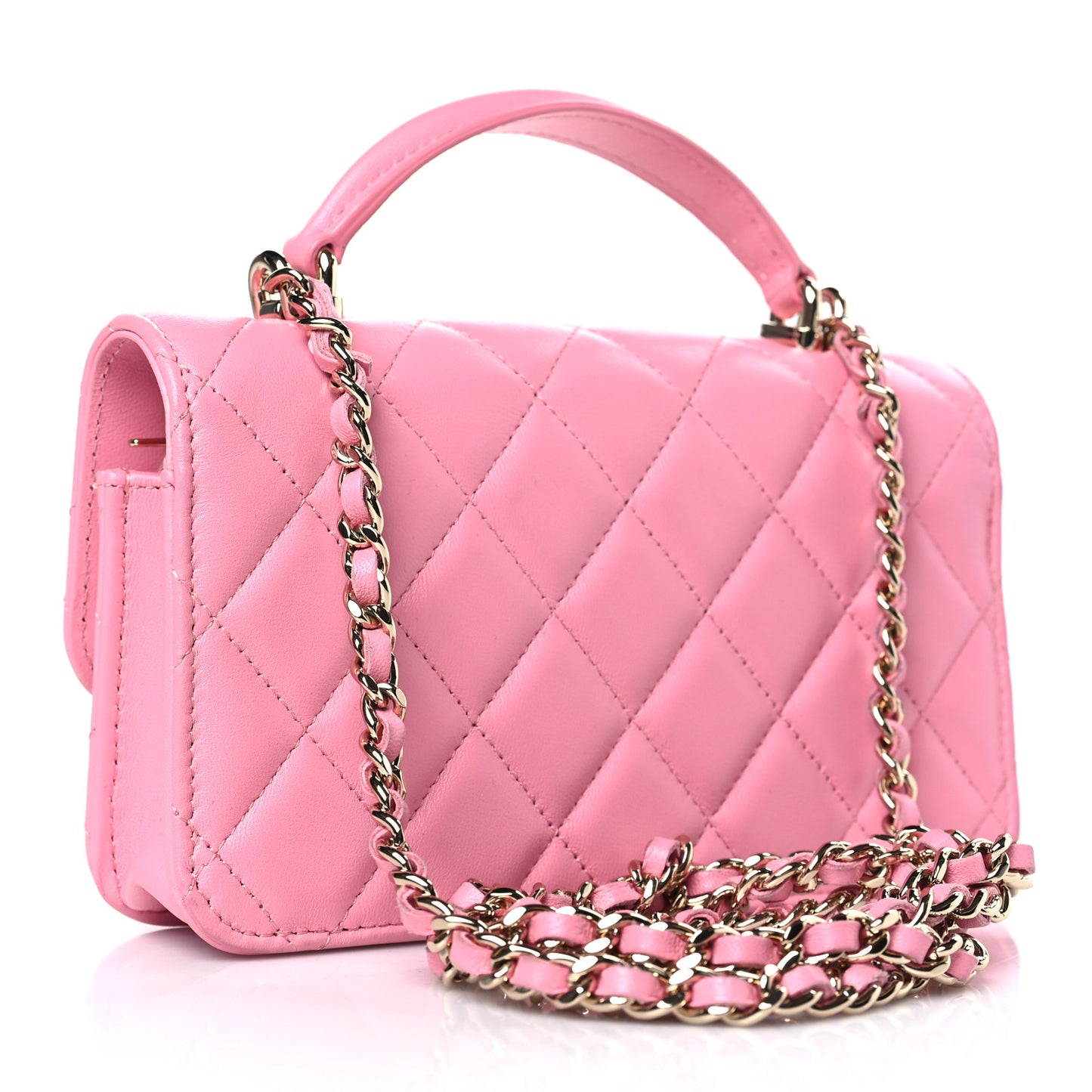 Lambskin Quilted Flap Phone Holder With Chain Pink