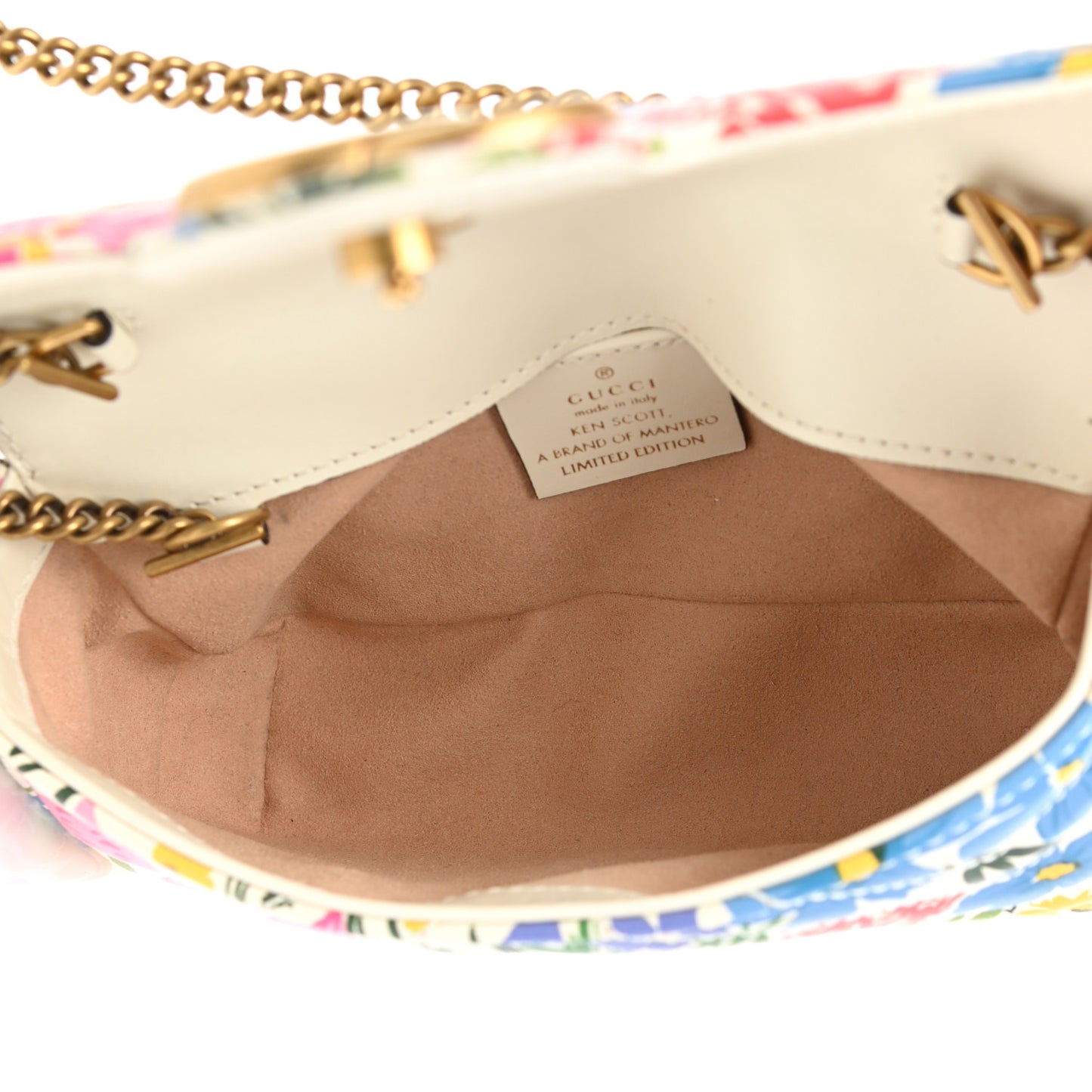 X KEN SCOTT Calfskin Matelasse Floral Print Super Mini GG Marmont Shoulder Bag Ivory Pink