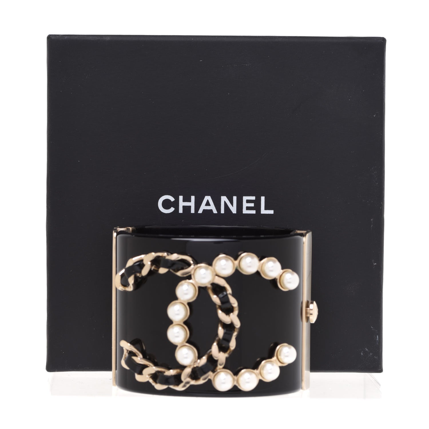 Chanel Resin Pearl Lambskin CC Cuff Bracelet Black 6 of 6