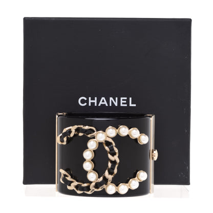 Chanel Resin Pearl Lambskin CC Cuff Bracelet Black 6 of 6