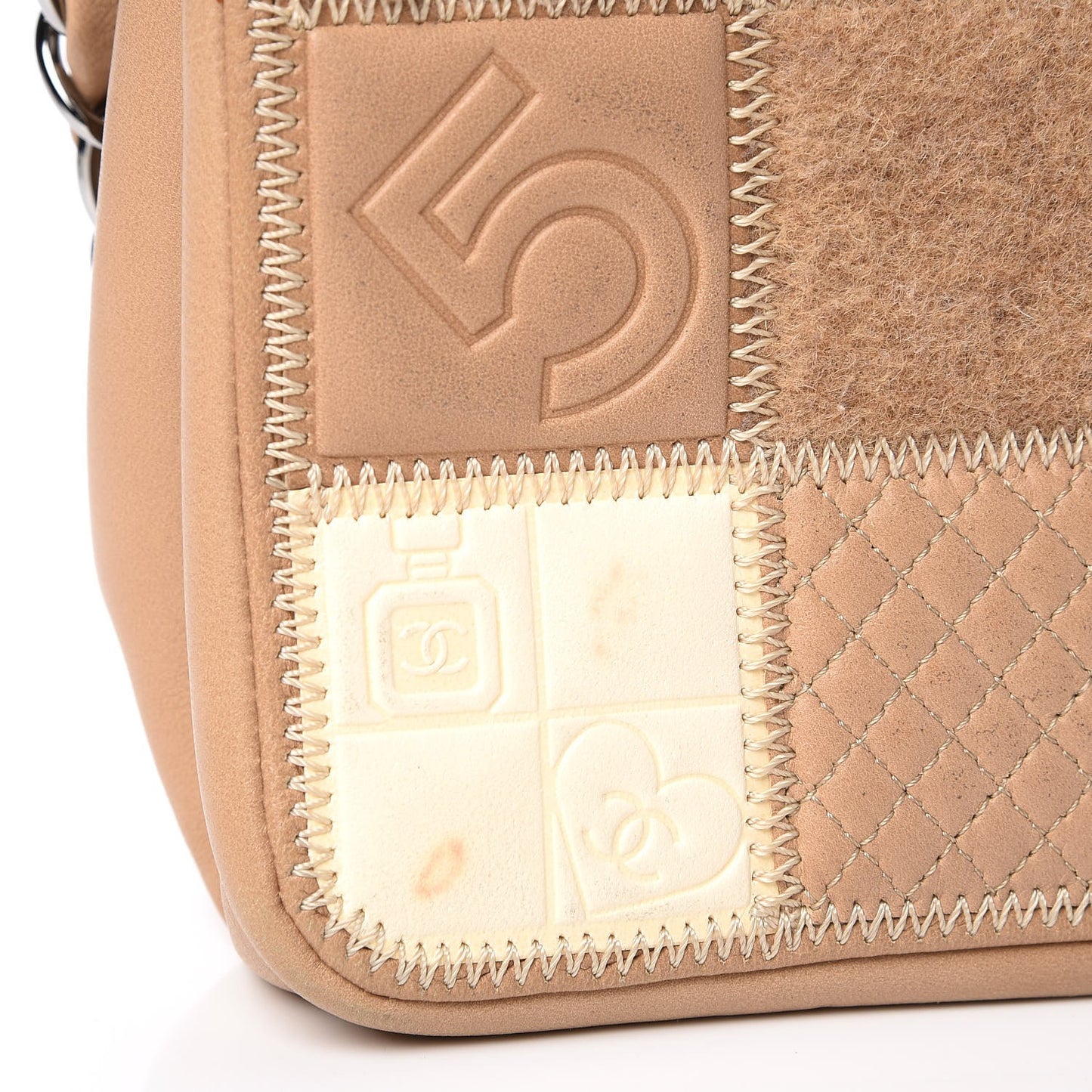 Lambskin Ostrich Pony Hair Quilted Patchwork Precious Symbols Flap Bag Beige