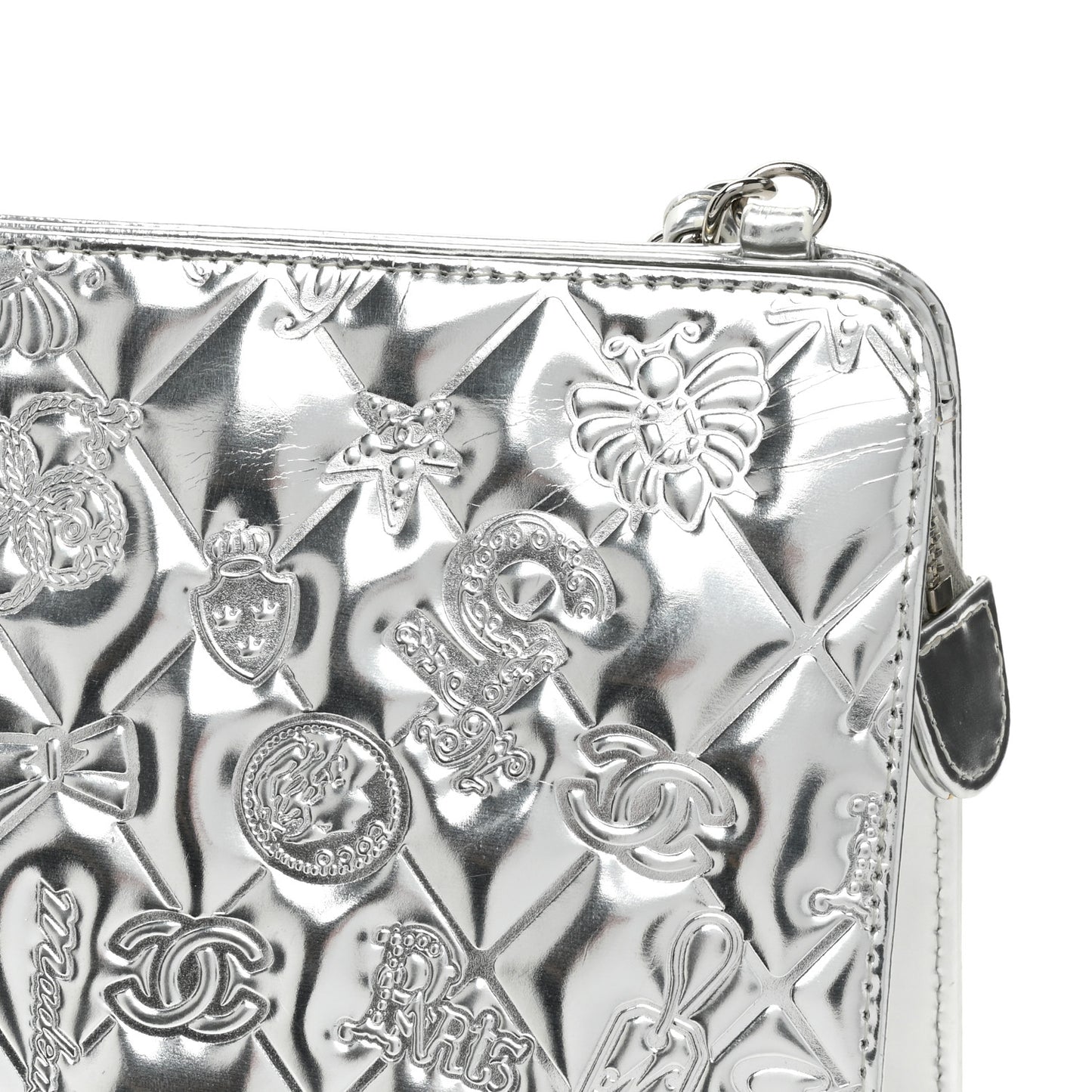 Metallic Patent Calfskin Lucky Symbols Pochette Silver