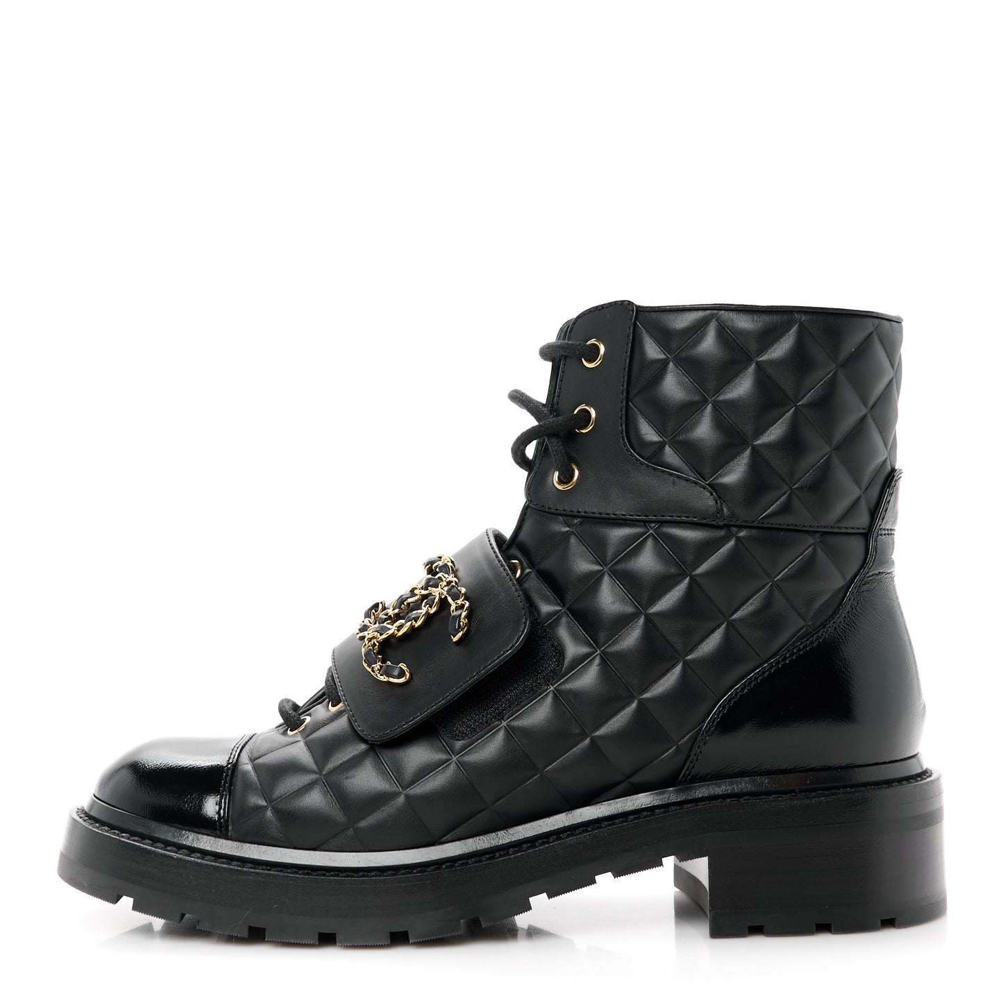 Shiny Calfskin Quilted Lace Up Combat Boots 39.5 Black