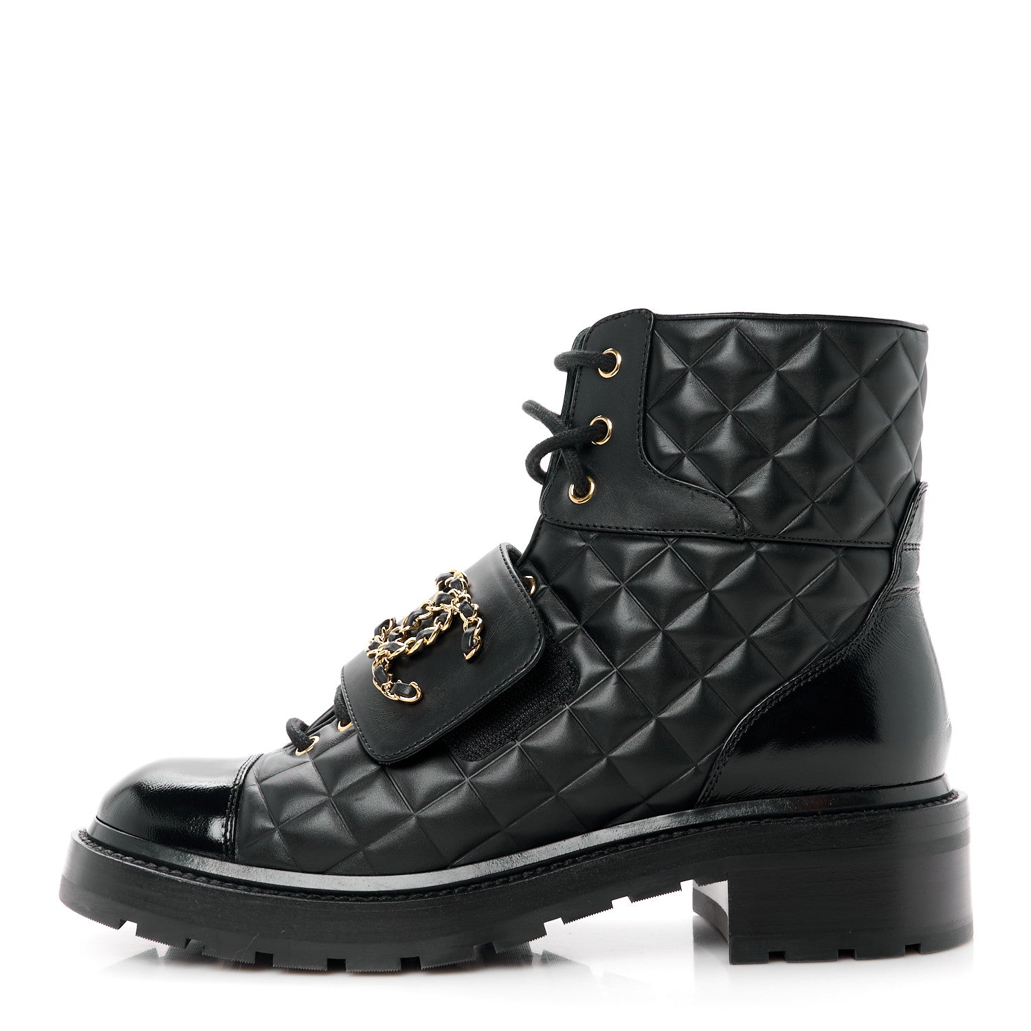 Chanel Shiny Calfskin Quilted Lace Up Combat Boots 39.5 Black 1 of 10