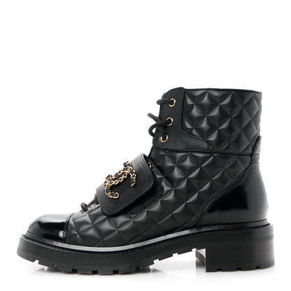 Chanel Shiny Calfskin Quilted Lace Up Combat Boots 39.5 Black 1 of 10