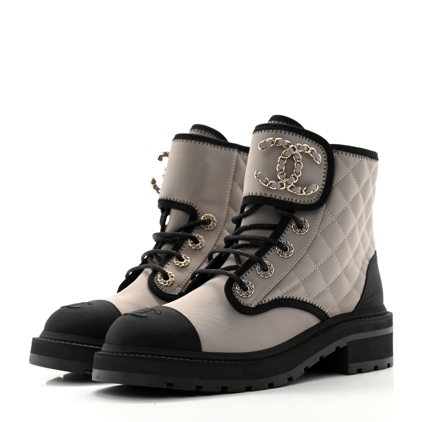 Fabric Grosgrain Quilted Cap Toe Lace Up Combat Boots 37 Gray Black