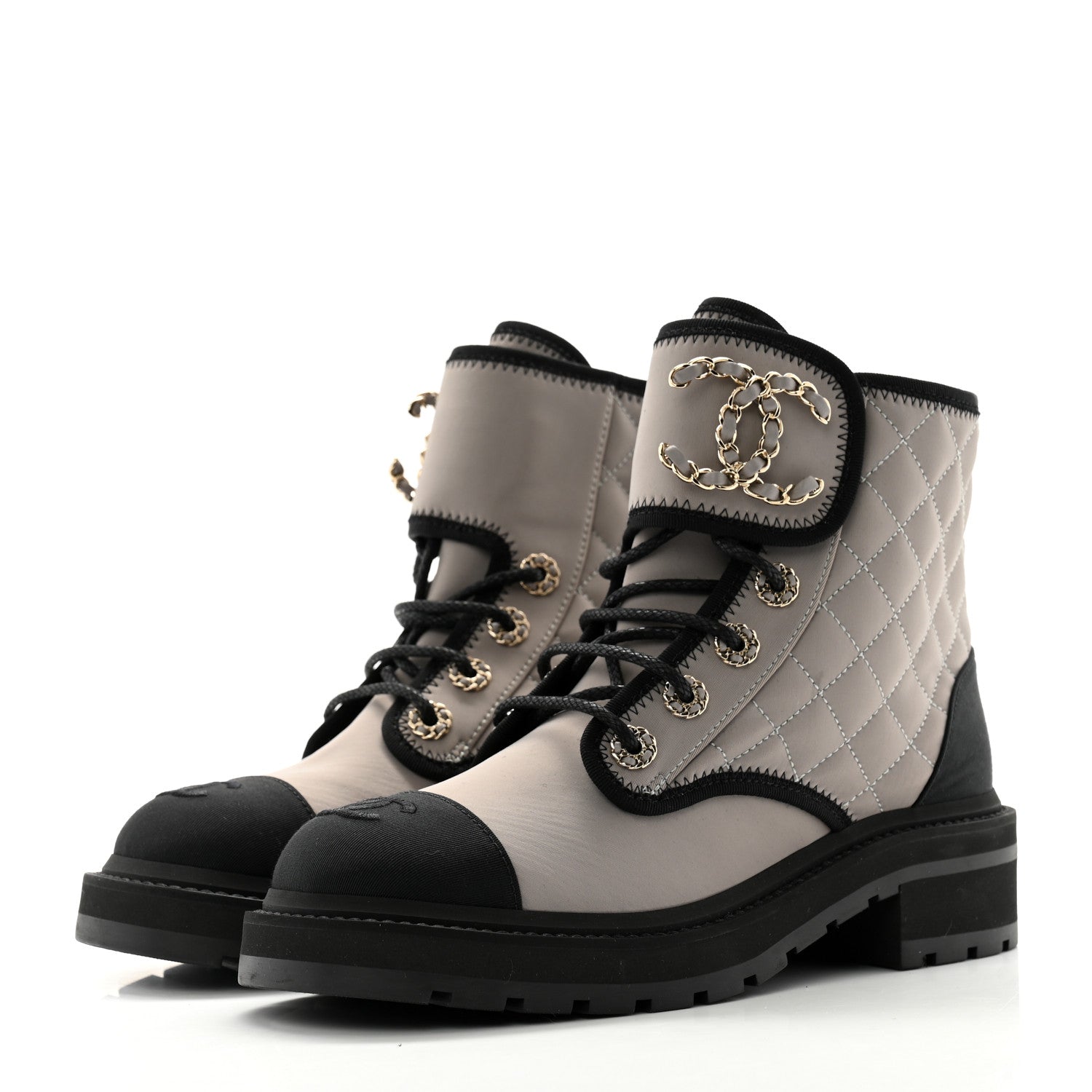Chanel Fabric Grosgrain Quilted Cap Toe Lace Up Combat Boots 37 Gray Black 3 of 8