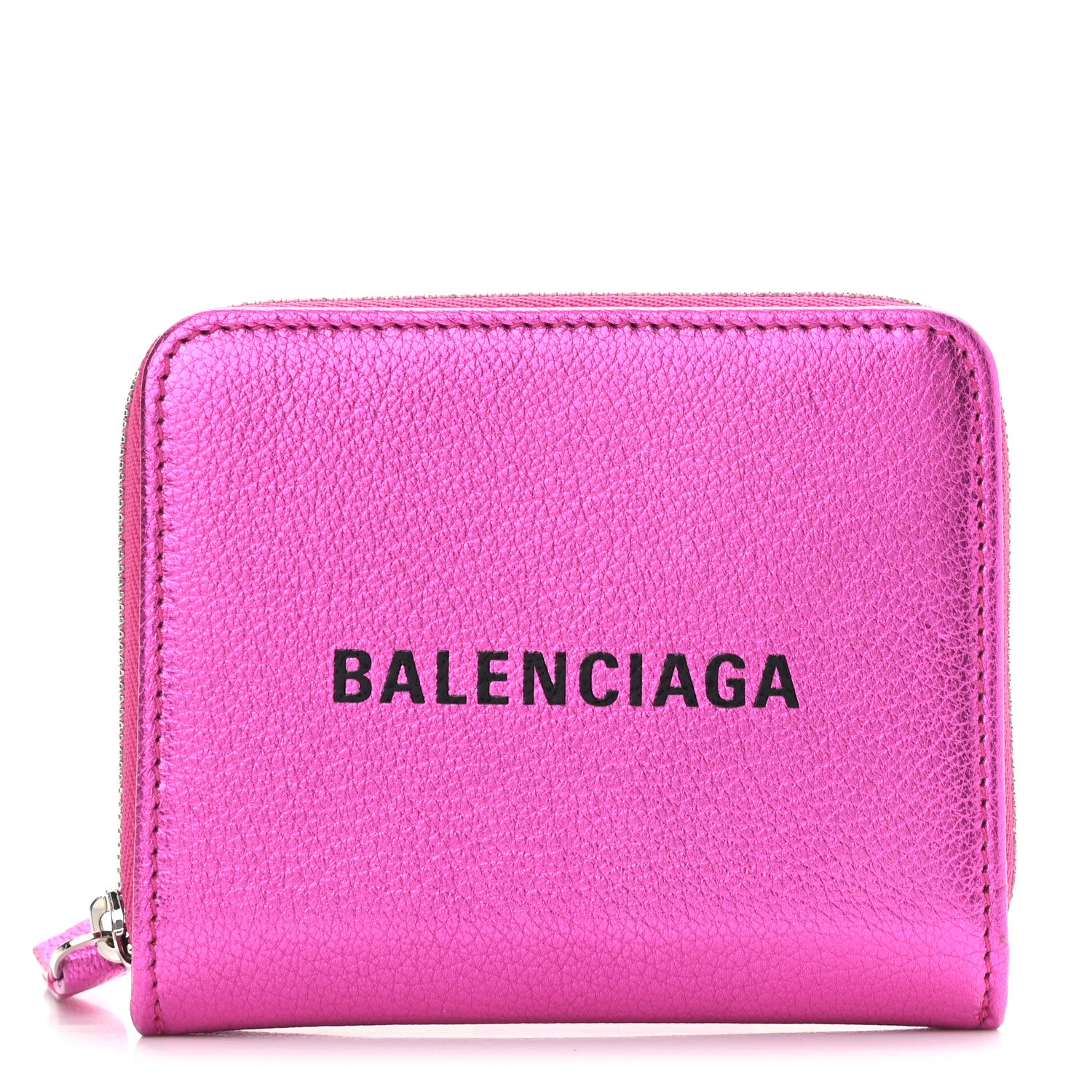 Balenciaga Metallic Goatskin Logo Everyday Multi Zip Wallet Rose Fuchsia Black 1 of 9