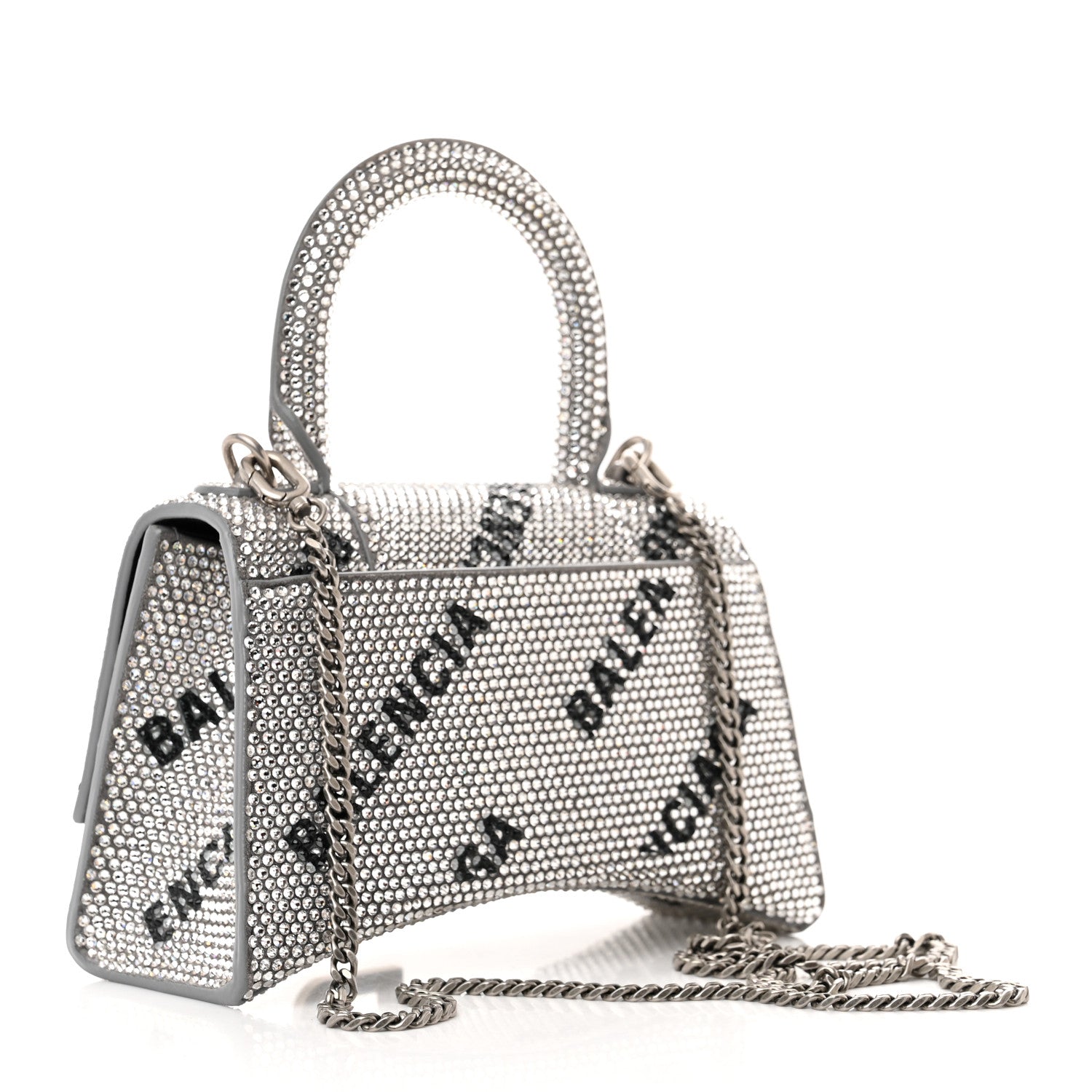Balenciaga Strass Suede Allover Logo Hourglass Top Handle Bag XS with Chain Silver Black 3 of 12