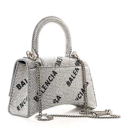 Balenciaga Strass Suede Allover Logo Hourglass Top Handle Bag XS with Chain Silver Black 3 of 12