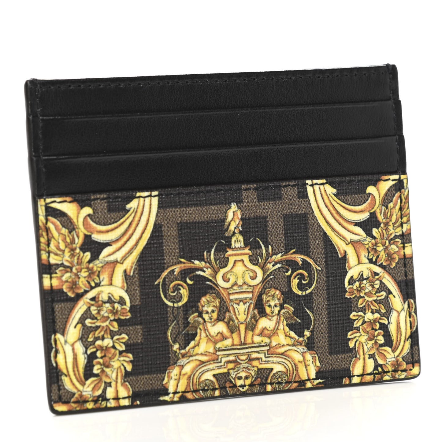 X VERSACE Glazed Fabric Vitello Cover Fendace FF Baroque Card Holder Black Gold