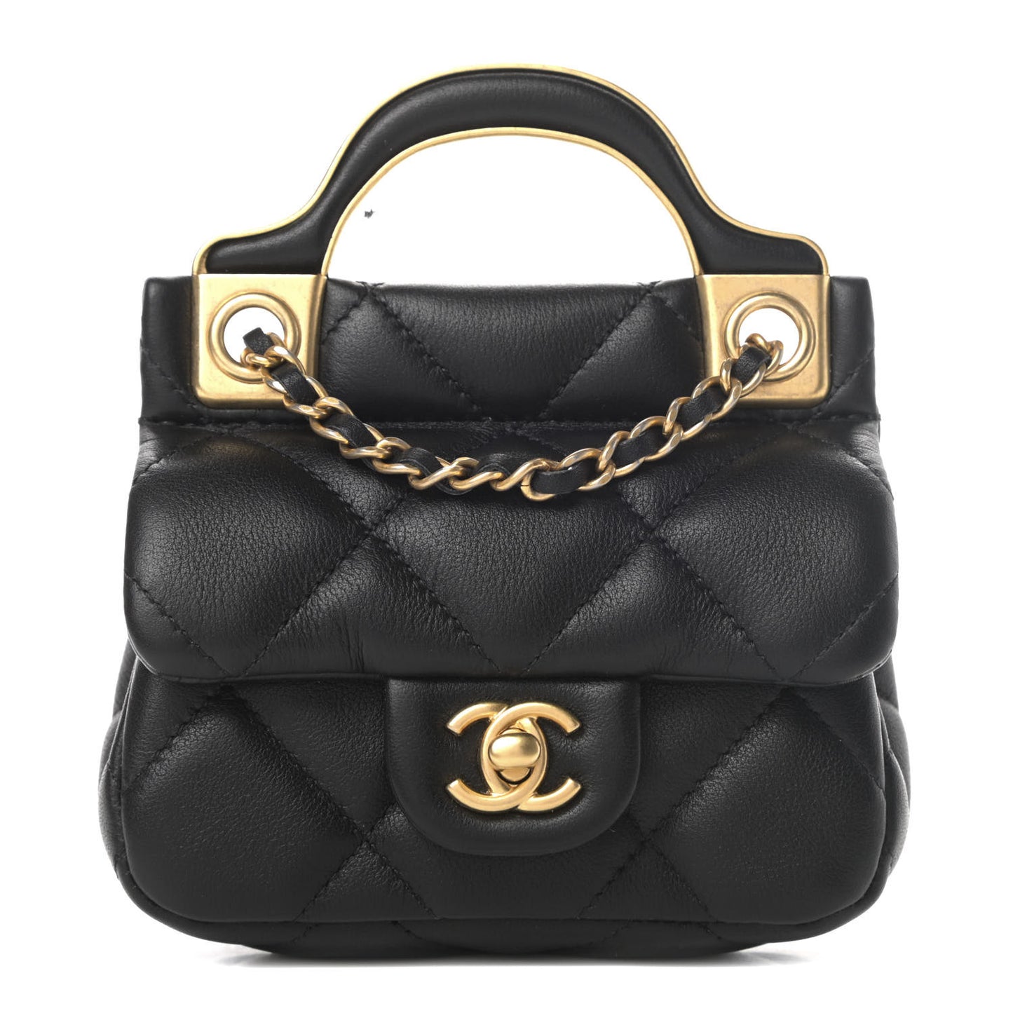 Calfskin Quilted Lady Handle Flap Card Holder With Chain Black