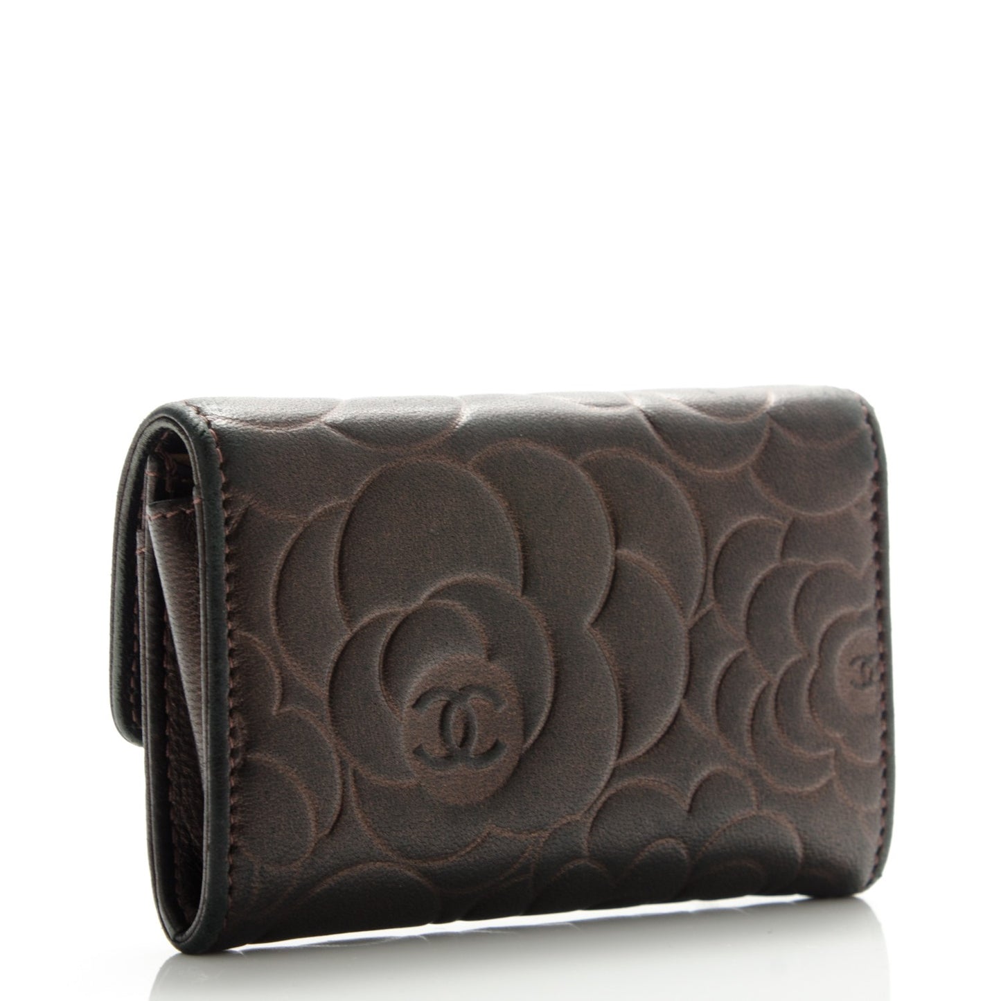 Metallic Lambskin Camellia Embossed Card Holder Brown