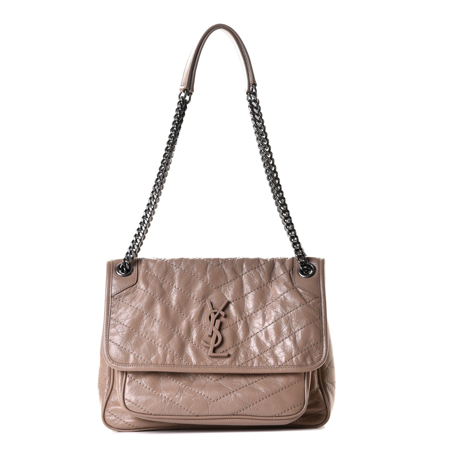 Crinkled Calfskin Matelasse Monogram Medium Niki Chain Satchel Light Taupe