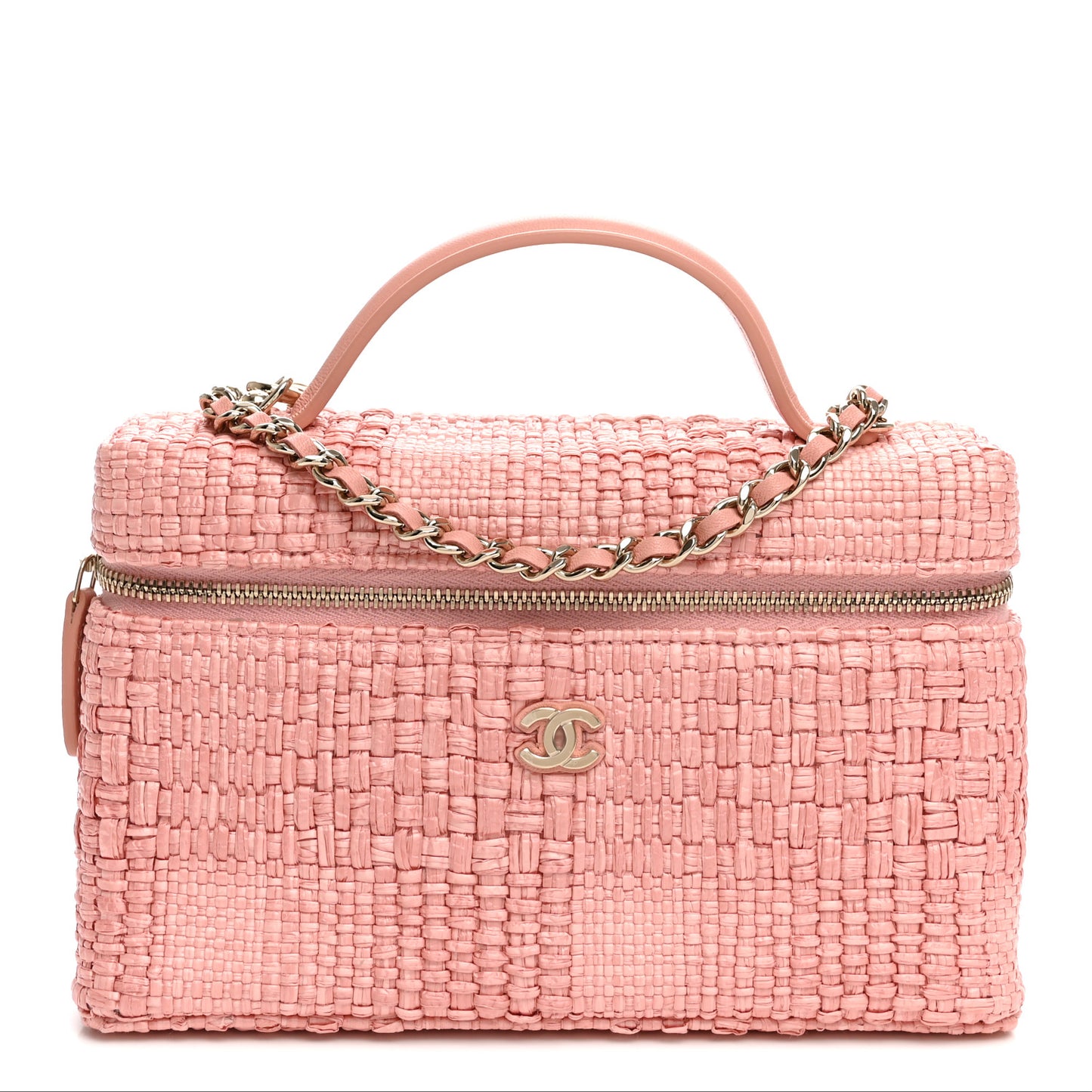 Braided Raffia Quilted Top Handle Slim Vanity Case With Chain Light Pink
