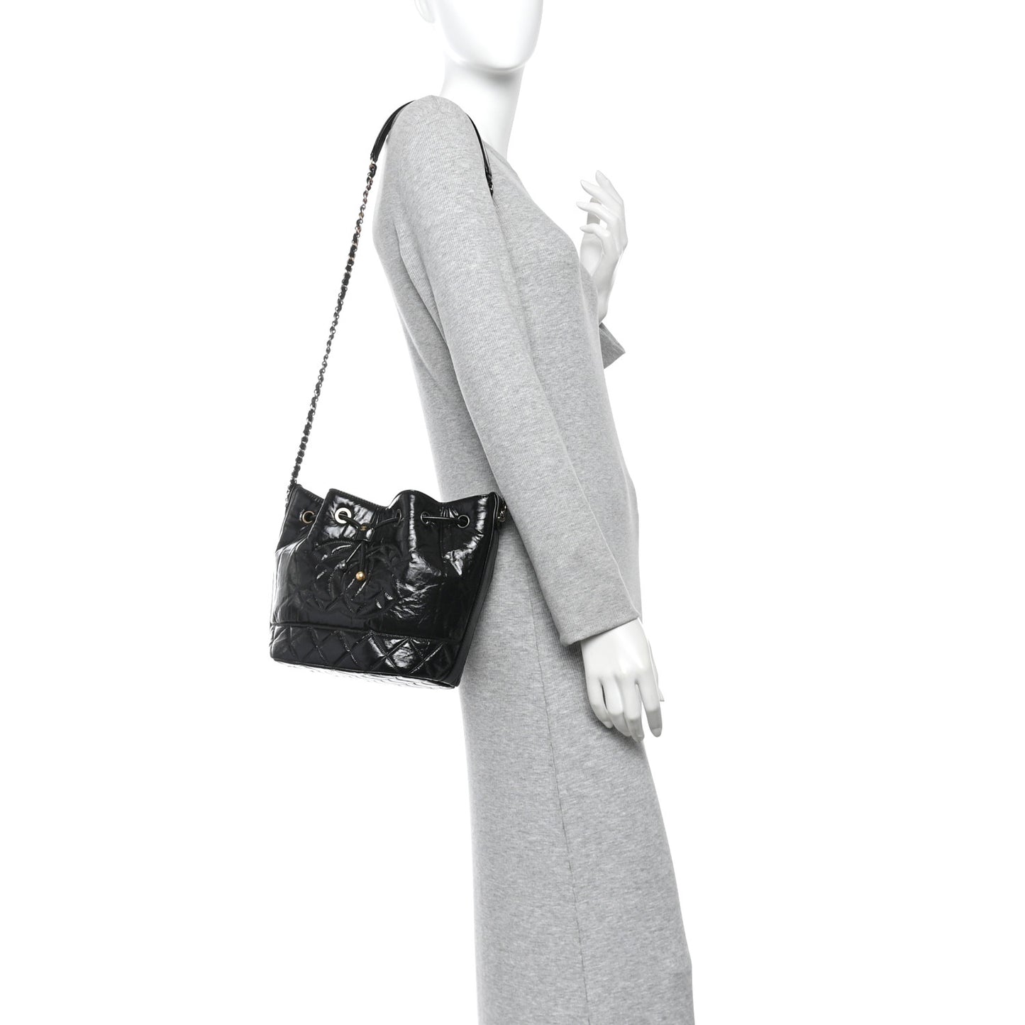 Shiny Aged Calfskin CC Chain Drawstring Bag Black