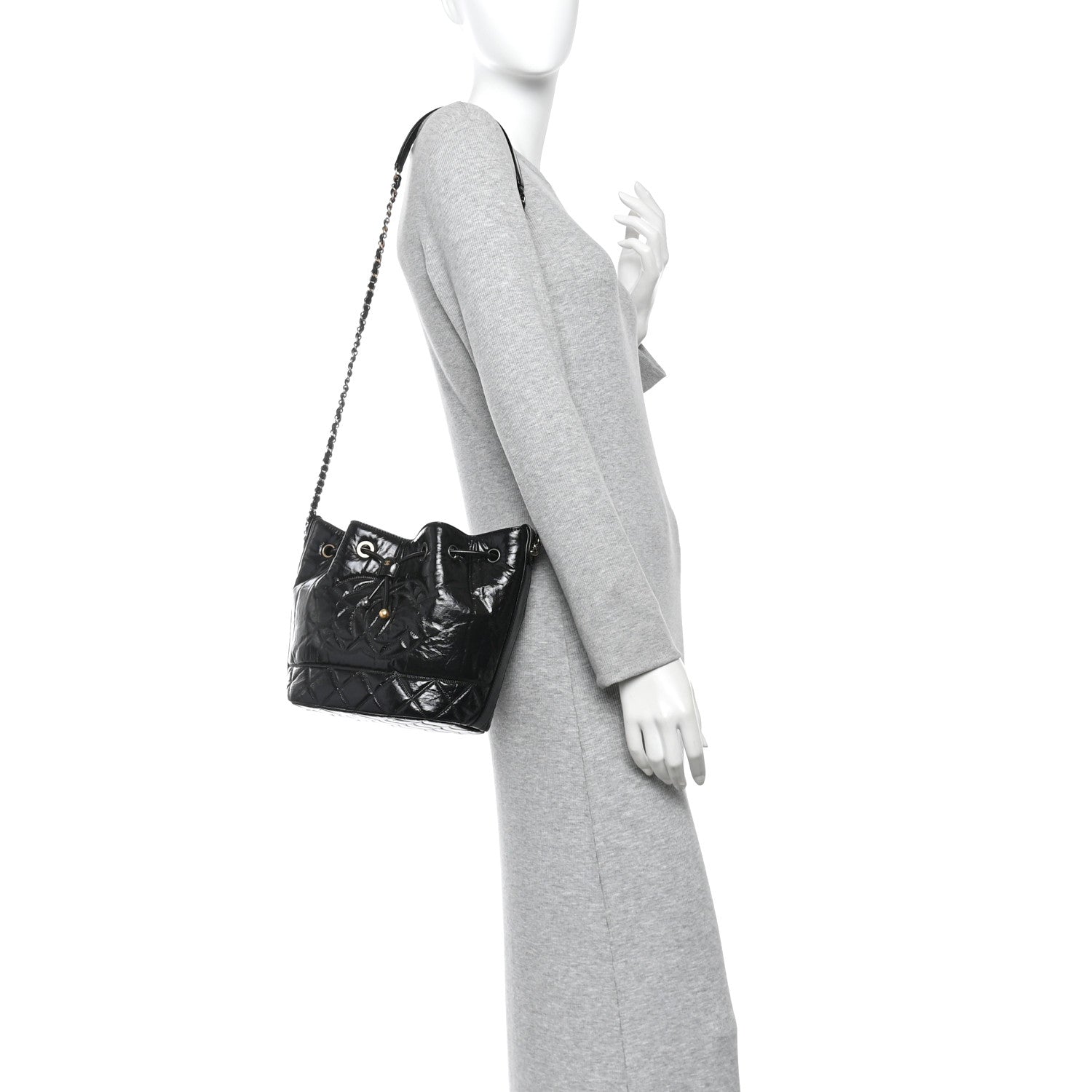 Chanel Shiny Aged Calfskin CC Chain Drawstring Bag Black 2 of 10
